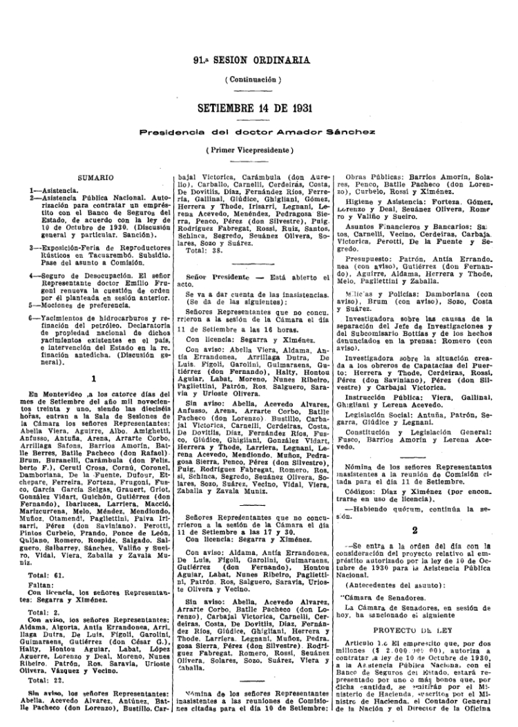 DIARIO DE SESIONES DE LA CAMARA DE REPRESENTANTES del 14/09/1931